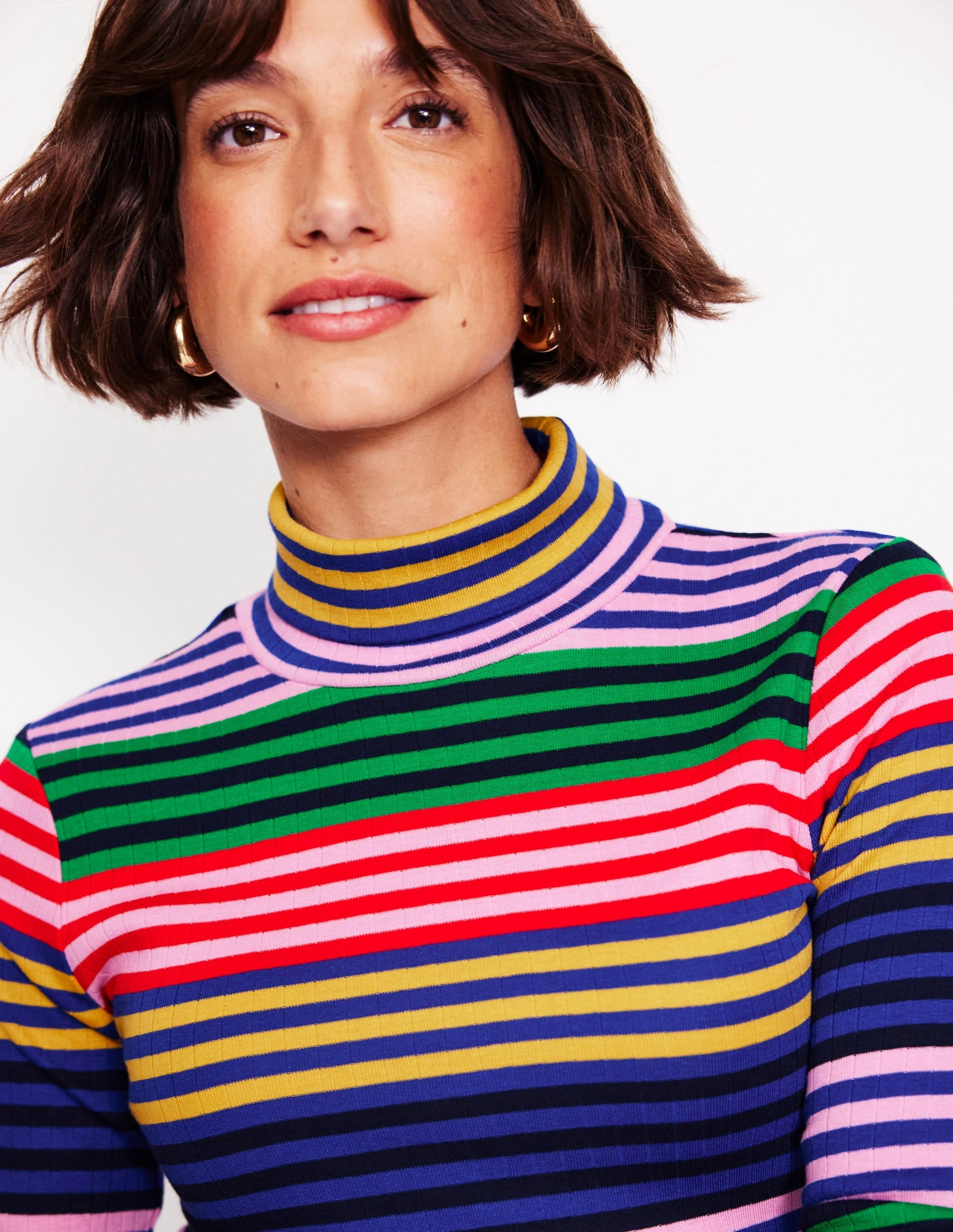 Reinforced Hems Formal Tank Anna Rib Roll Neck Top-Multi, Rainbow Stripe