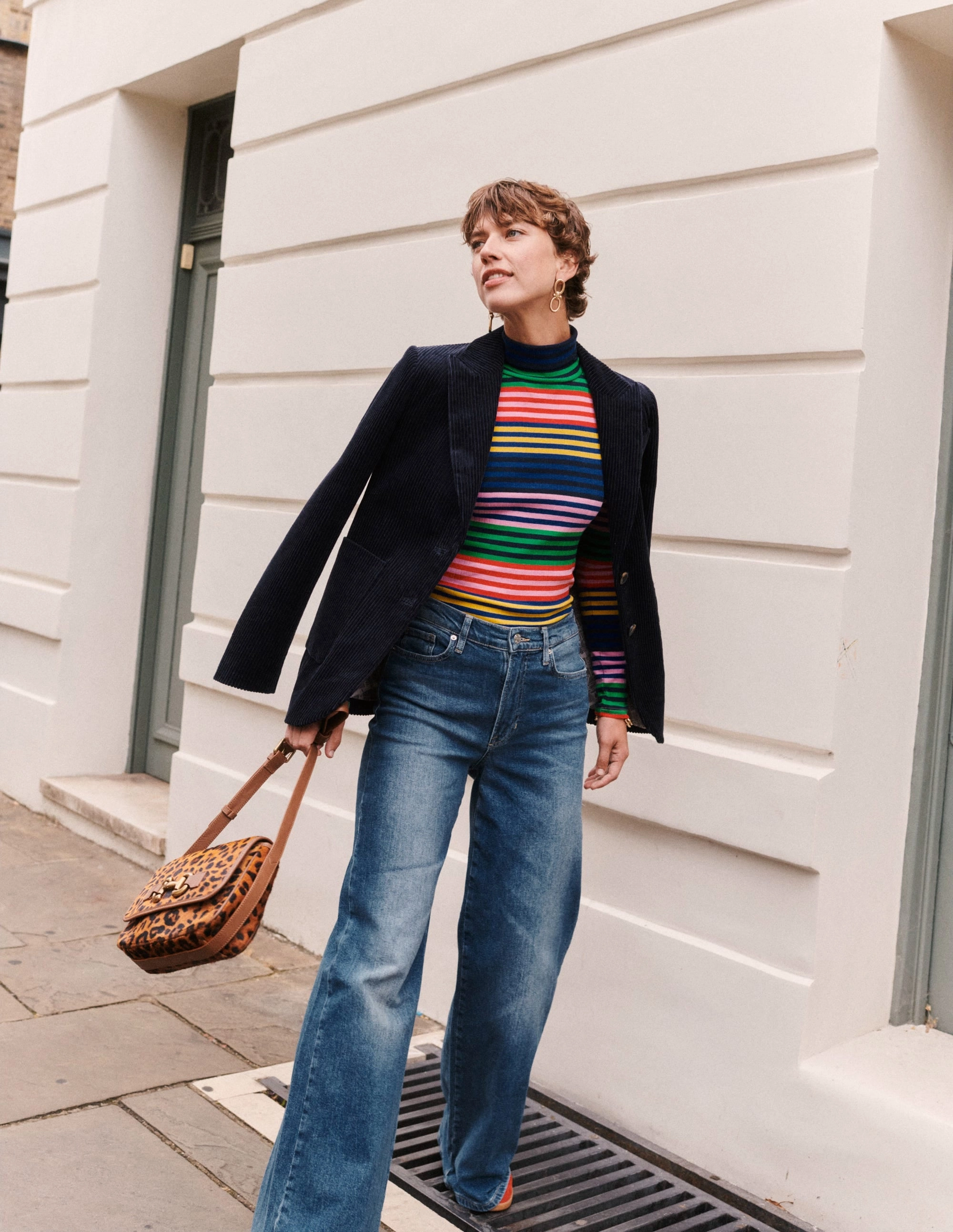 Anna Rib Roll Neck Top-Multi, Rainbow Stripe Ultrasoft Inner Lining TactileWeave