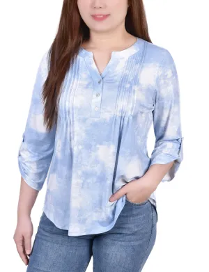 Knit Jacquard 3/4 Sleeve Roll Tab Top CompactSize