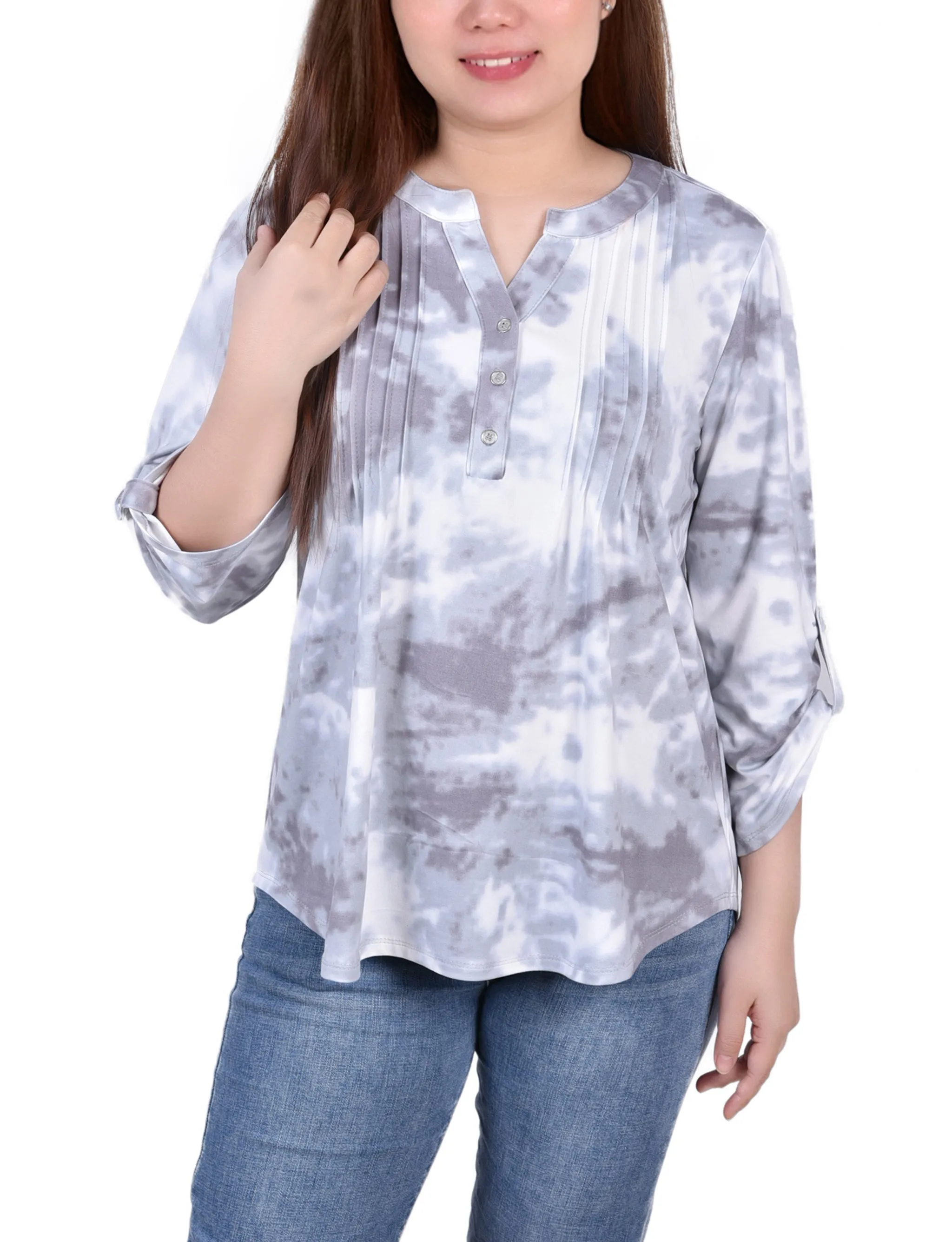 Trendy Sweater Asymmetrical hem Knit Jacquard 3/4 Sleeve Roll Tab Top