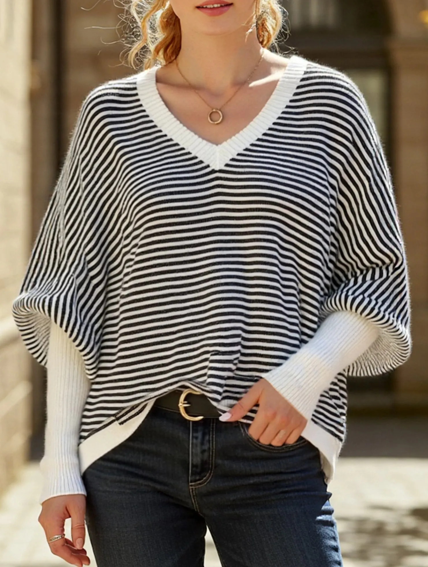 Striped V-neck batwing sleeves sweater Odor Resistant Easy Care Material