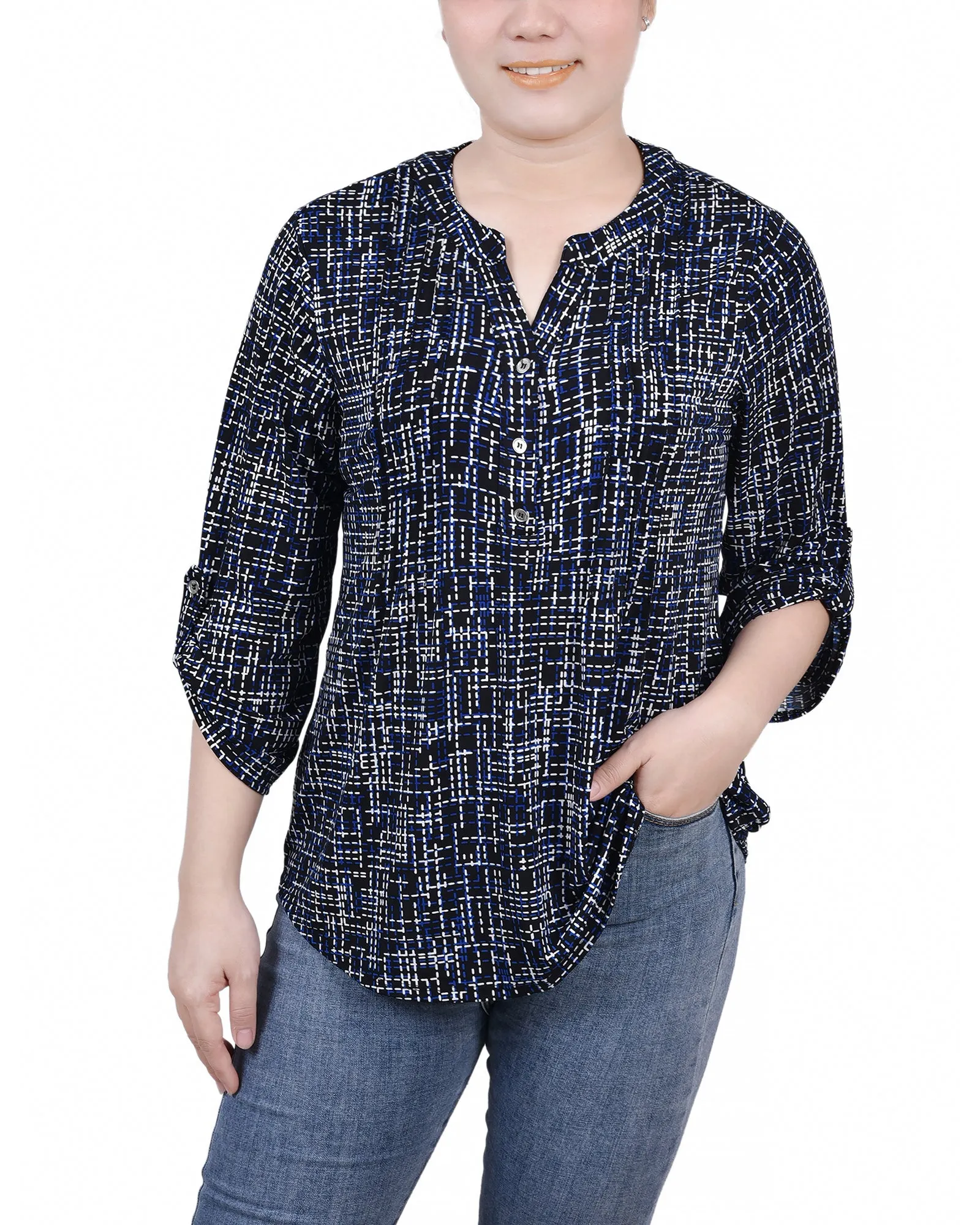 Petite 3/4 Roll Tab Sleeve Y Neck Top HypoallergenicFabric
