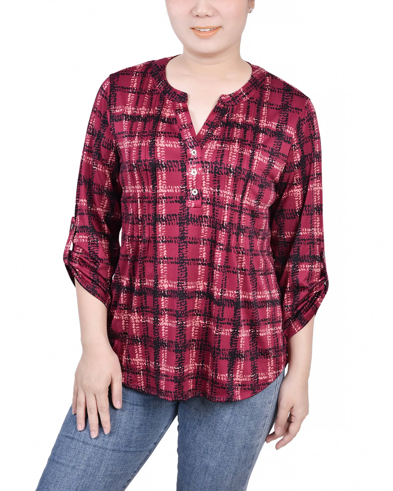 Adjustable drawstring Petite 3/4 Roll Tab Sleeve Y Neck Top