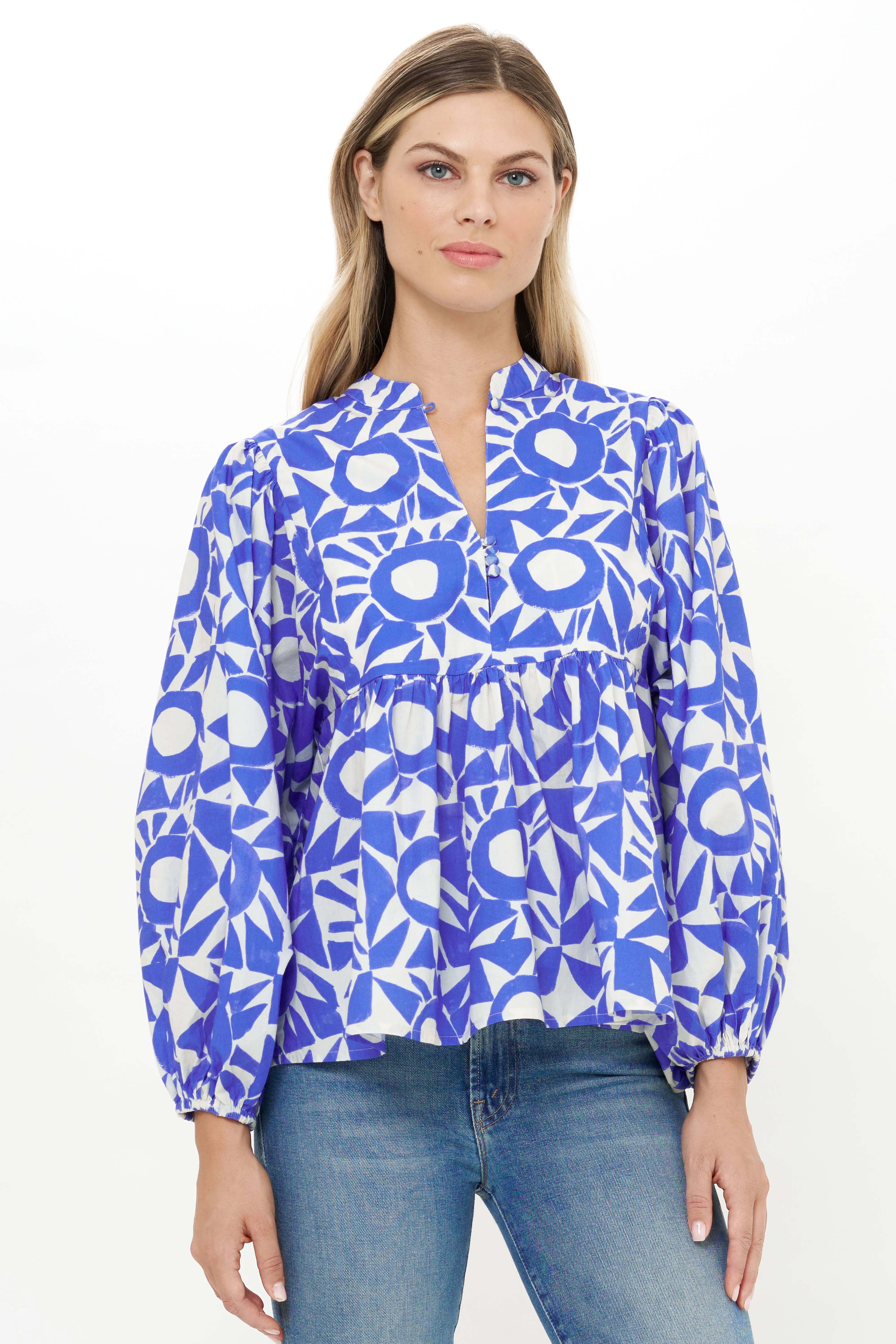 Ribbed Knit Fabric Mandarin Balloon Top Eclipse Blue