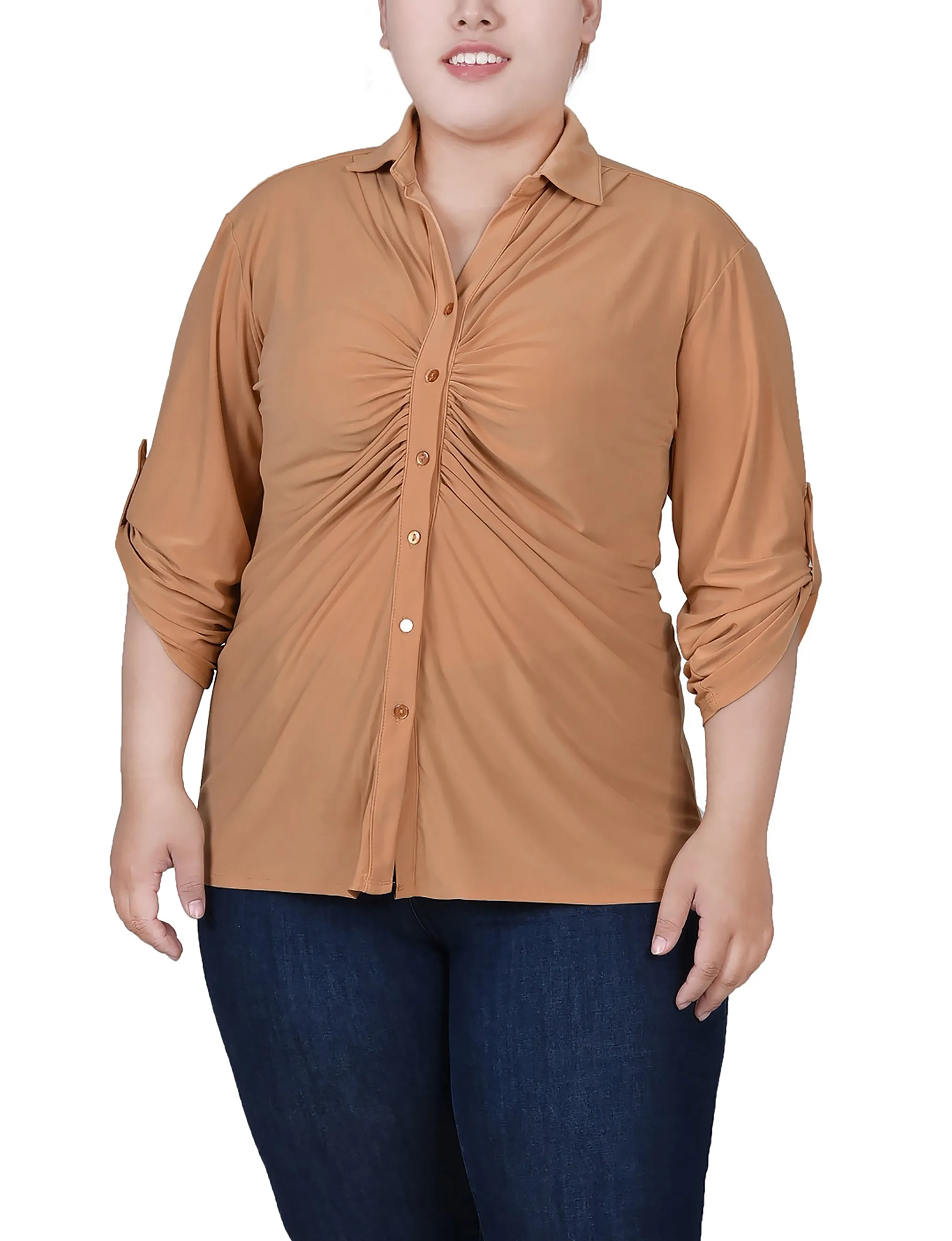 Plus Size 3/4 Roll Tab Rouched-Front Top FrictionResistantEdges Tapered Cut