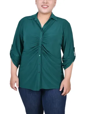 Plus Size 3/4 Roll Tab Rouched-Front Top Tear Resistant Microfiber Material