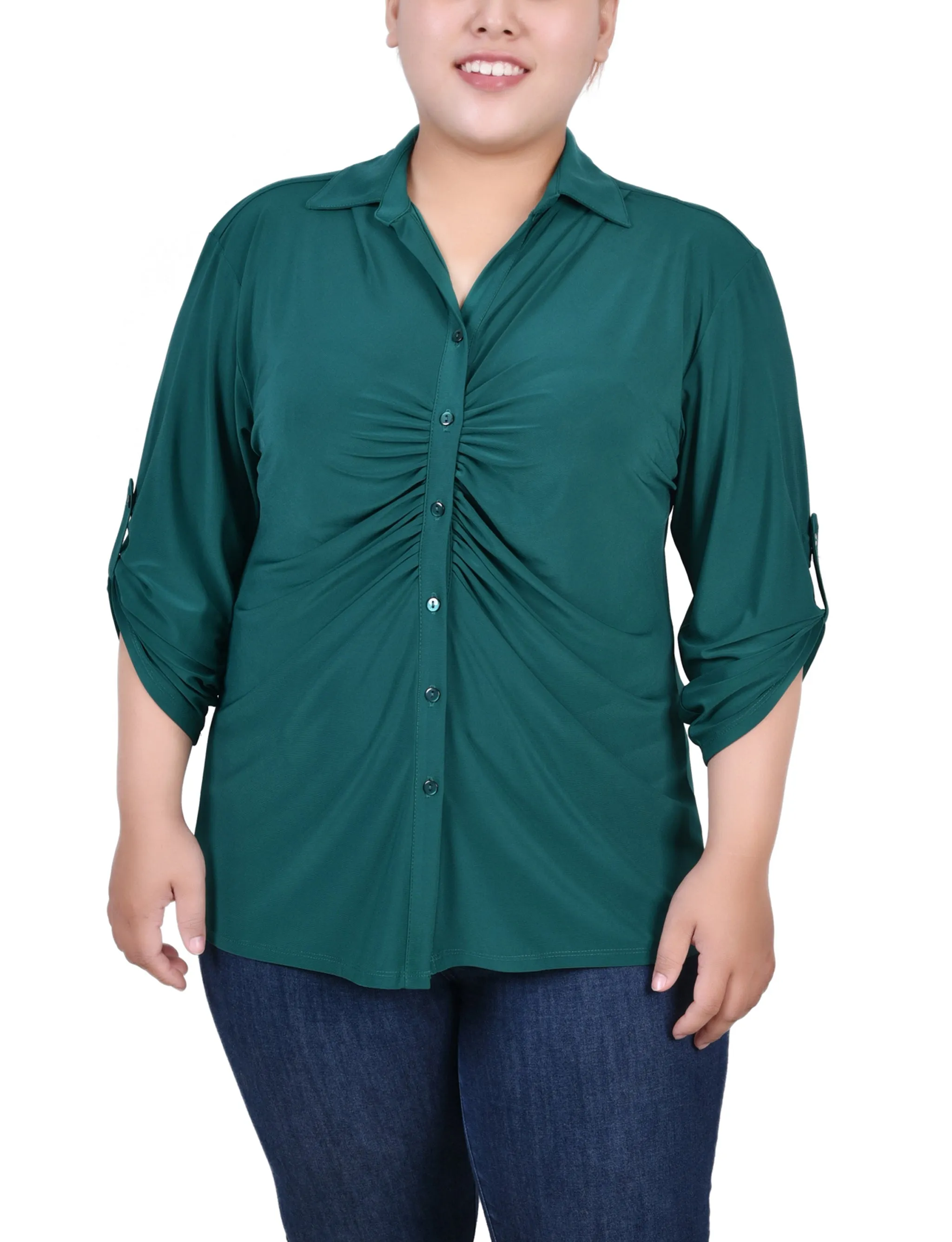 BreathableFabricTech Wrinkle Resistant Finish Plus Size 3/4 Roll Tab Rouched-Front Top