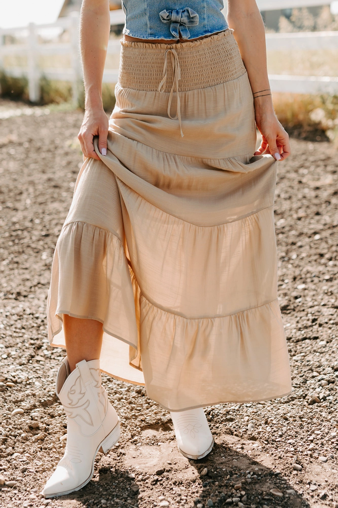 Stay Dry Classic Comfort Ocean Serenade Tiered Maxi Skirt (Khaki)