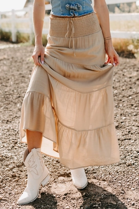 Multi Panel Construction Ocean Serenade Tiered Maxi Skirt (Khaki)