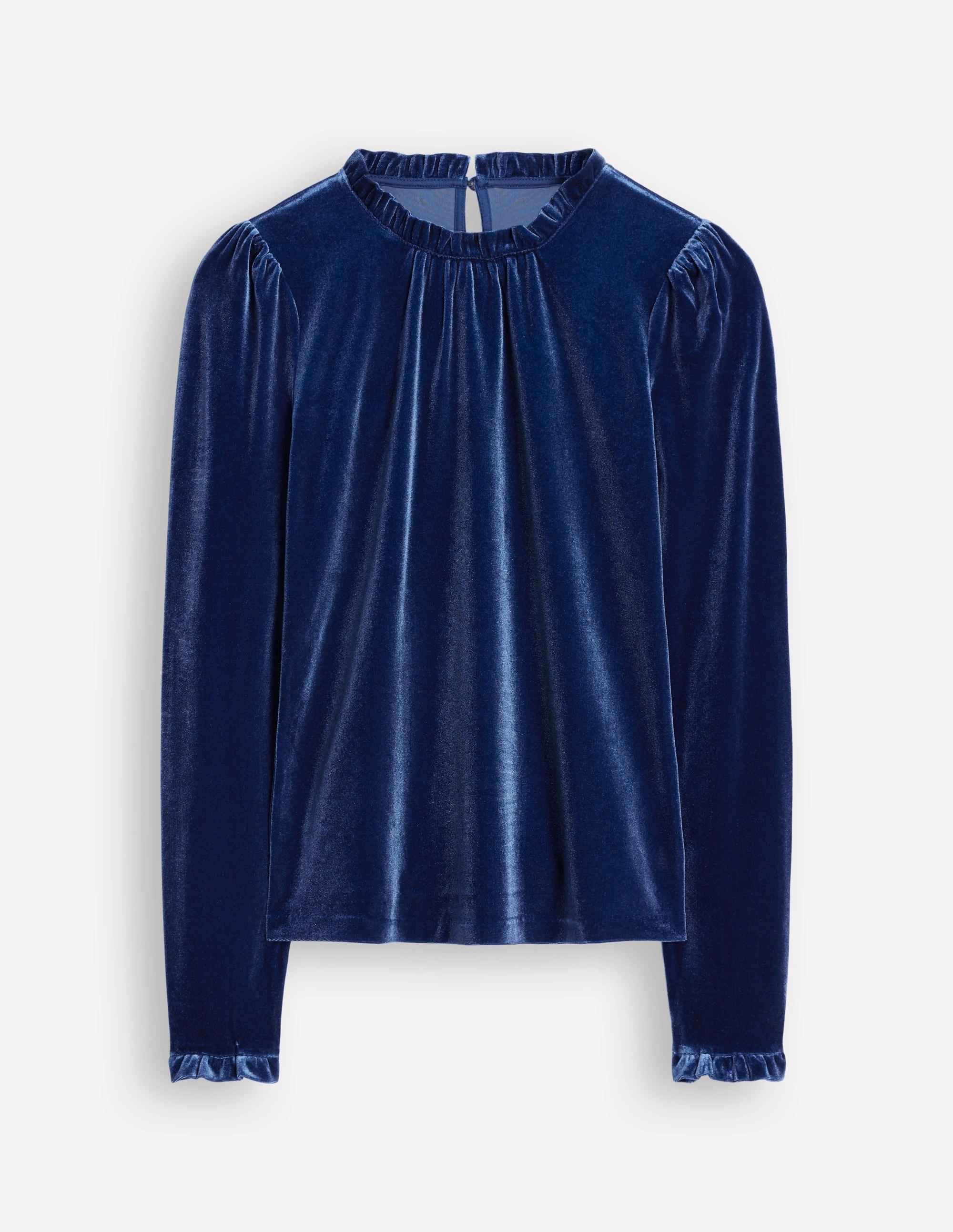Velvet Frill Neck Top-Harbourside Blue Easycare