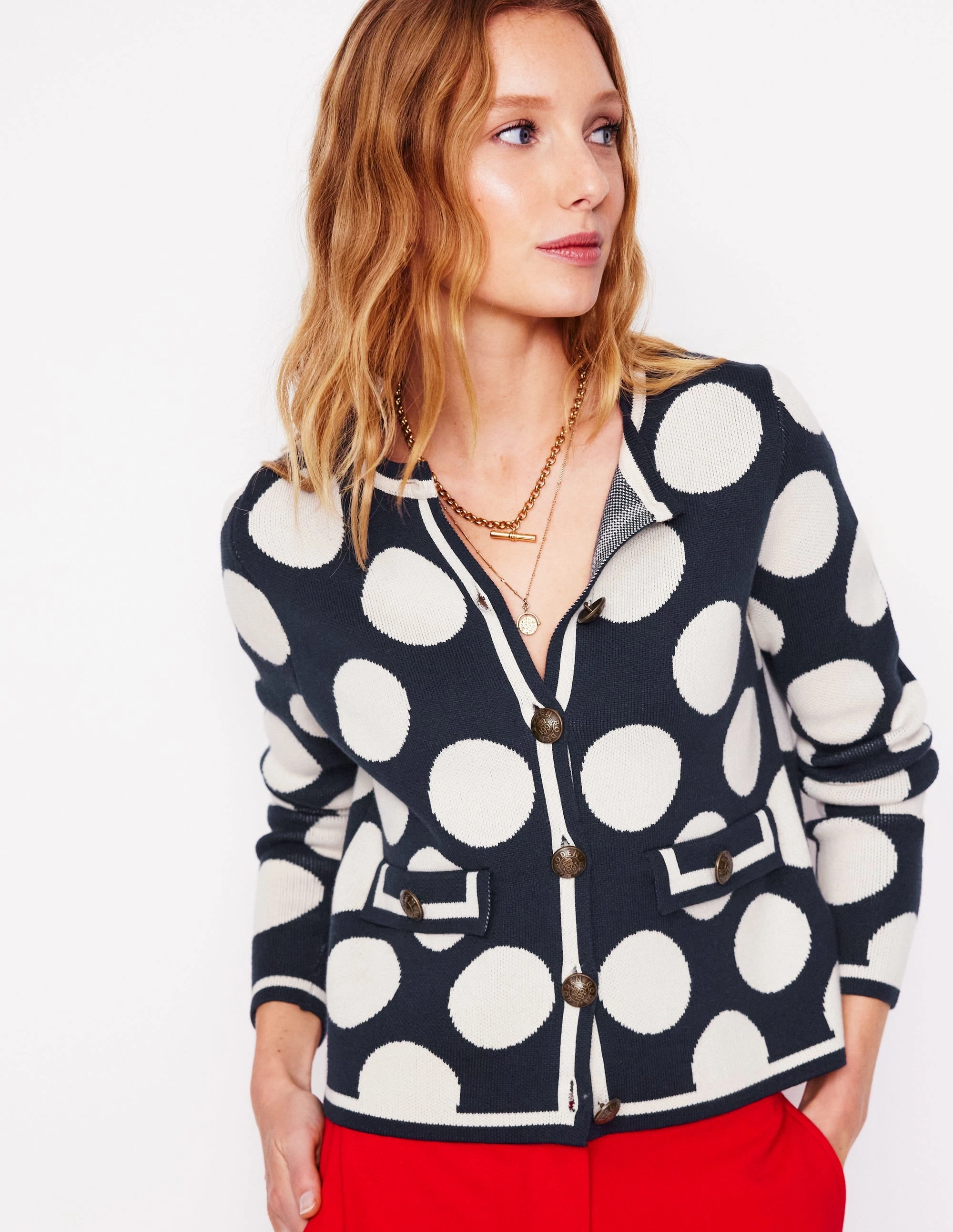ReverseCoil Zipper Fall Outfit Holly Knitted Jacket-French Navy, Large Ivory Spot