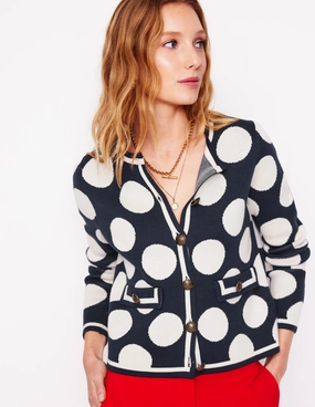 ReverseCoil Zipper Fall Outfit Holly Knitted Jacket-French Navy, Large Ivory Spot