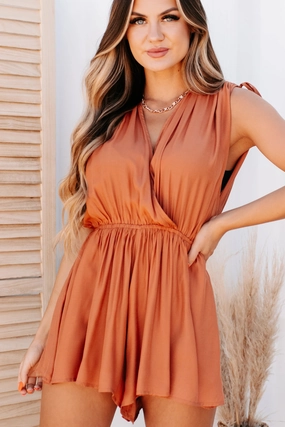 Girl Talk Ruched Shoulder Surplice Romper (Clay) HighNeckCut NonRestrictive