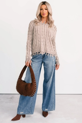 ButtonDownCollar Unwritten Future Cable Knit Fringe Zenana Sweater (Mocha)
