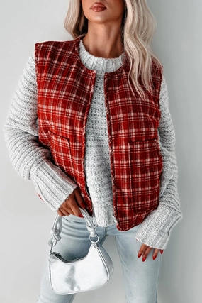 Fireside Chats Quilted Plaid Vest (Red Plaid) Thermal Insulated FullLengthZip