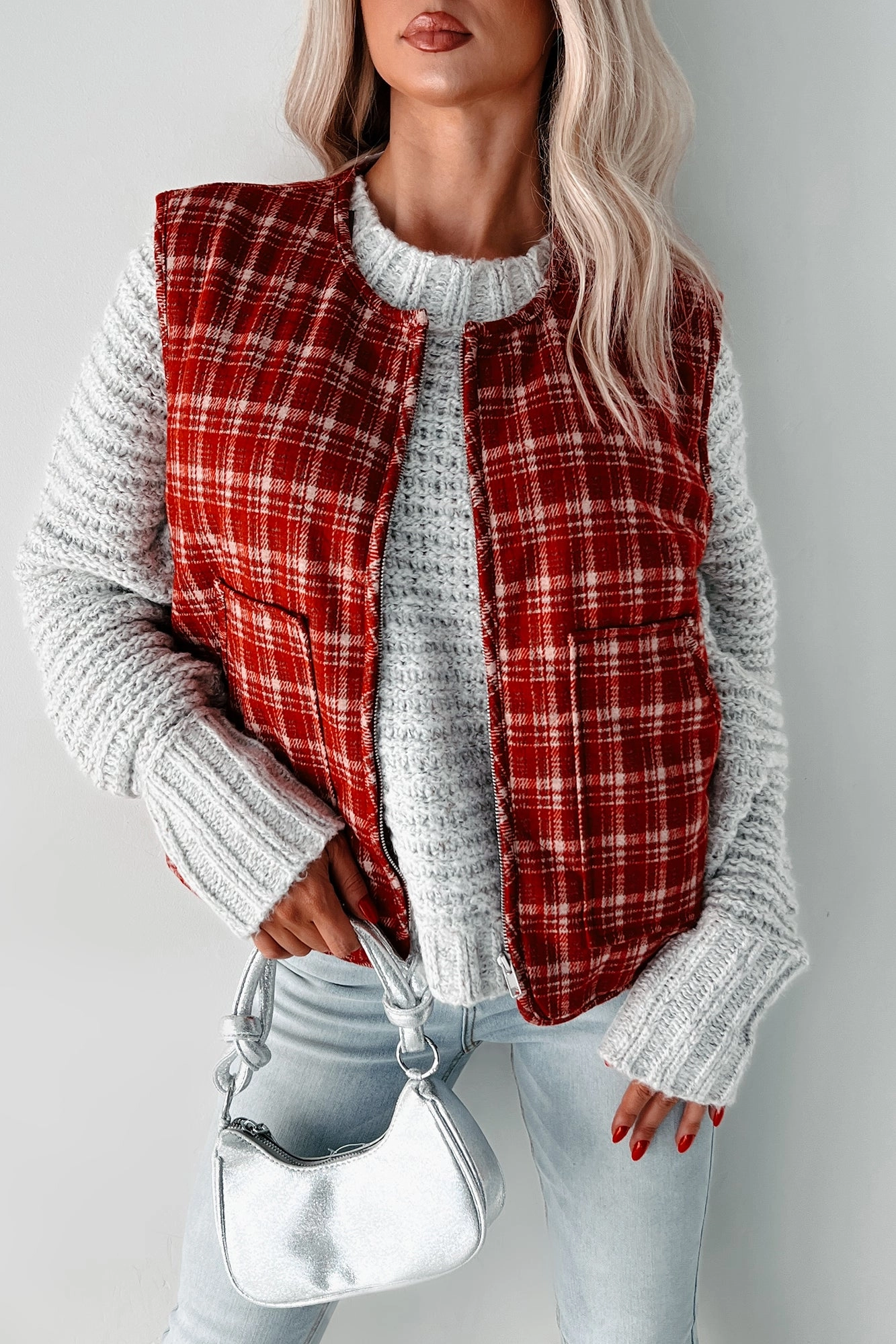 Fireside Chats Quilted Plaid Vest (Red Plaid) Rainy Day Option Wrinkle Free Texture