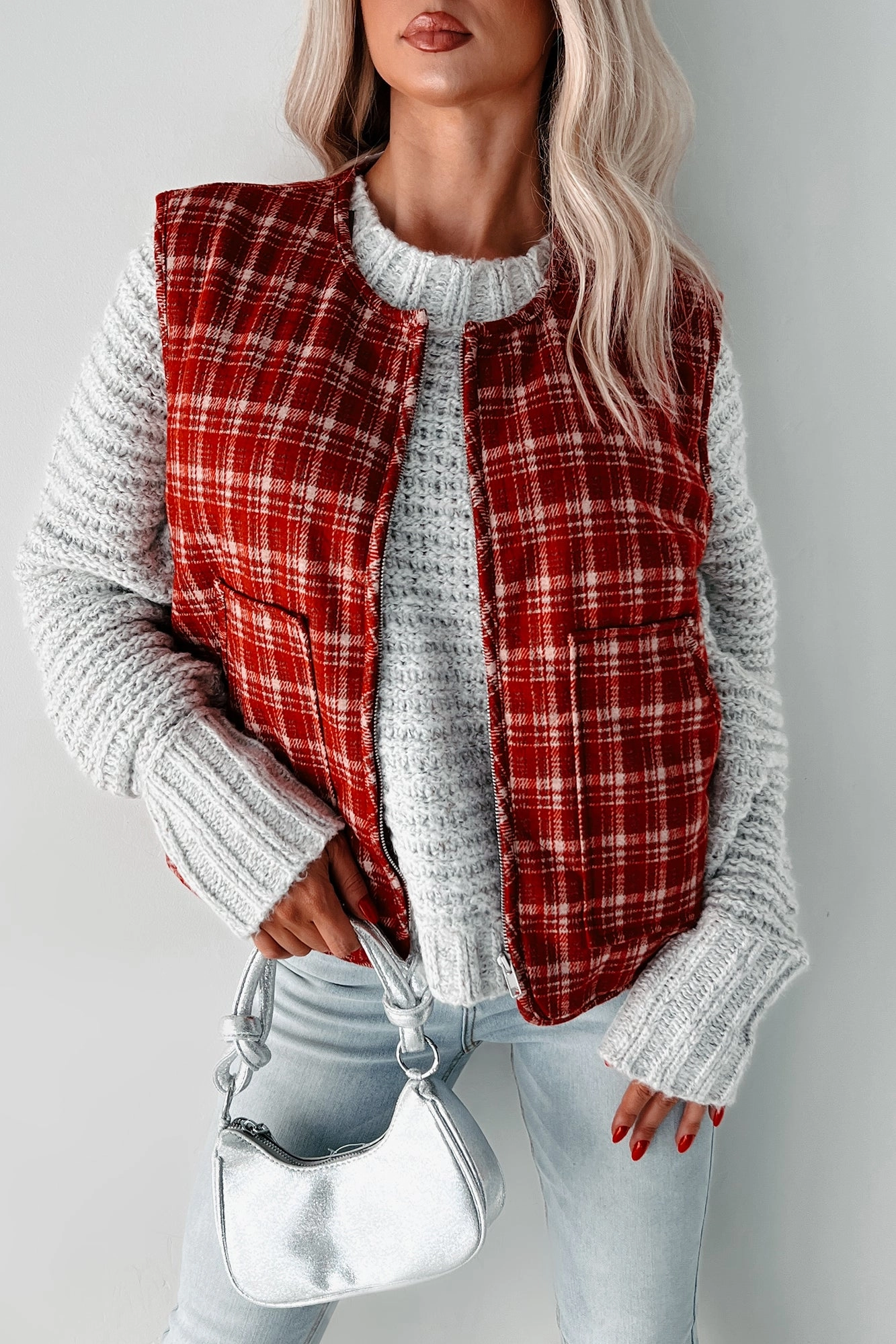 Long Sleeve Fireside Chats Quilted Plaid Vest (Red Plaid)