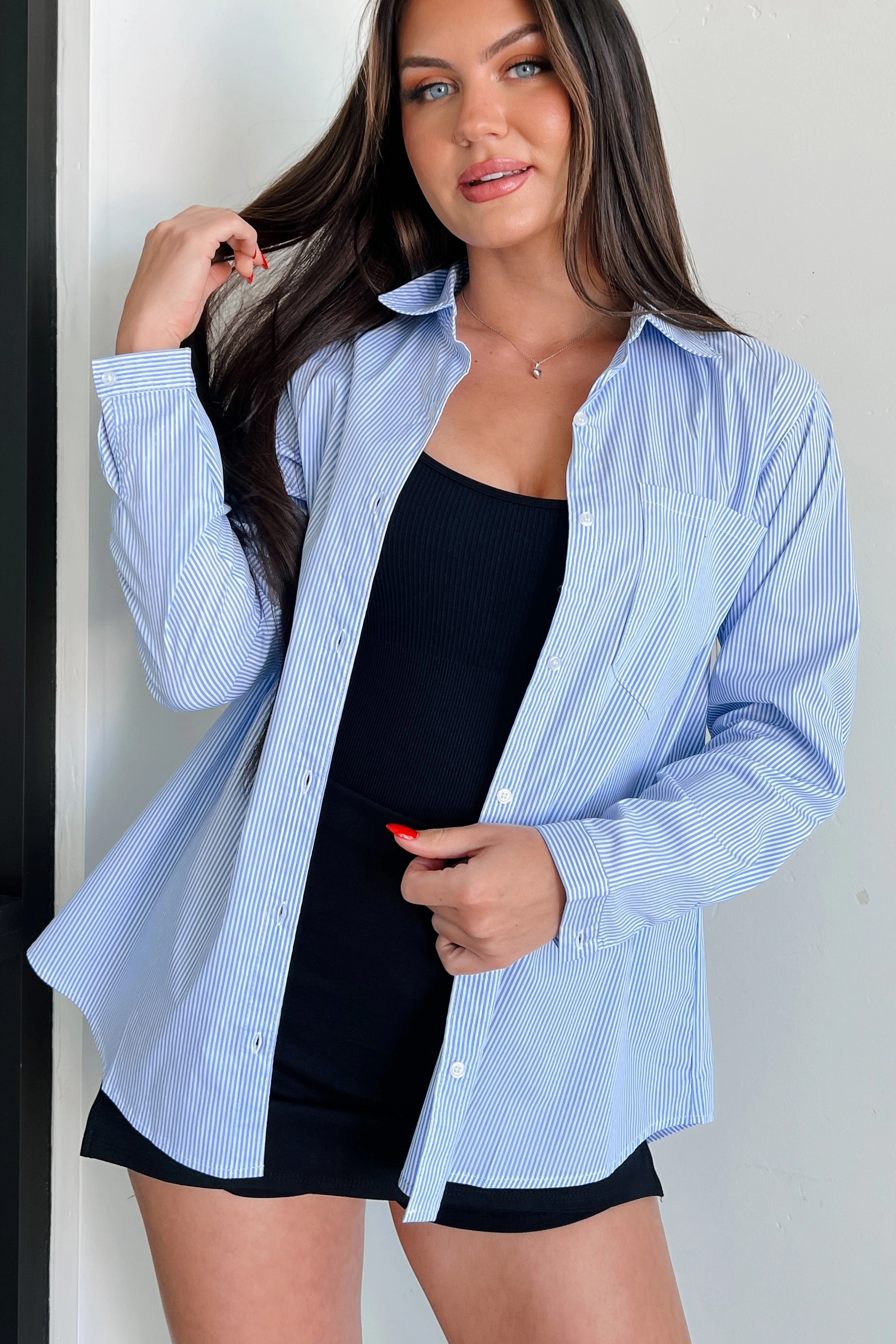 Shoreline Serenity Striped Button-Down Shirt (Blue Stripe) Four Way Stretch Fabric Water Repellent Coating