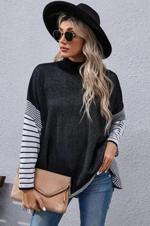 STRIPED SLEEVE HIGH NECK LOOSE FIT CASUAL SWEATER RibbedNeckline FlexibleSole