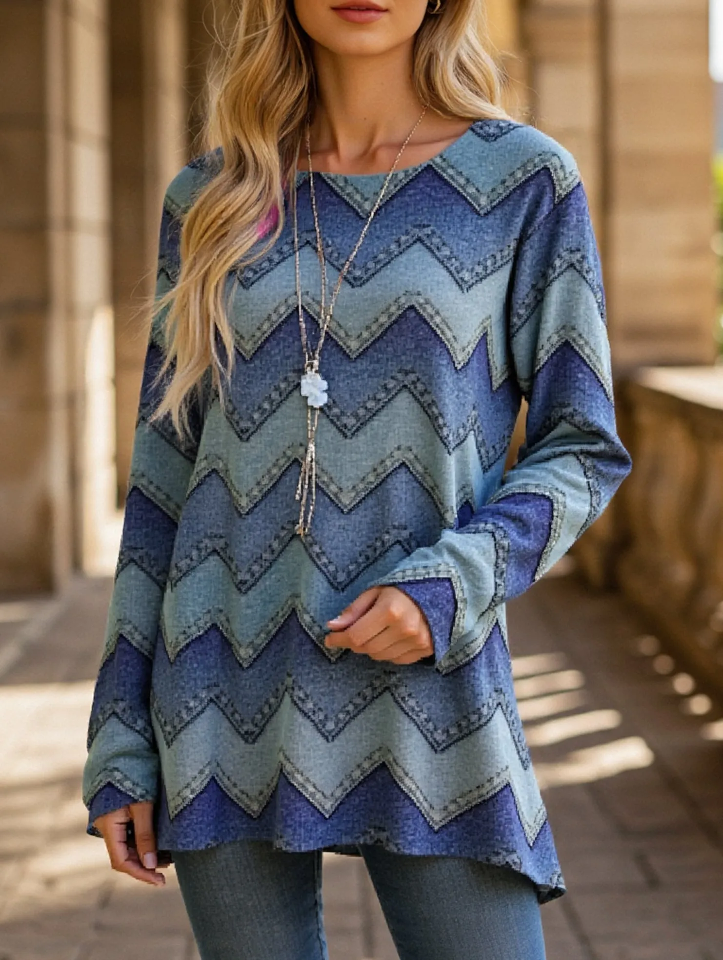 Round Neck 3D Printed Long Sleeve T-Shirt Flexible Cuffs CompressionSupportWeave