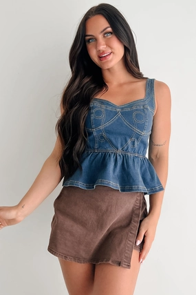 Comfortable Collar Elasticized Waistband Dainty In Denim Peplum Tank Top (Medium Blue)