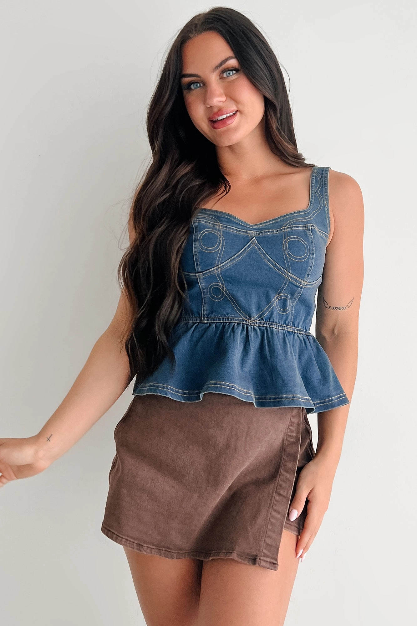 Sporty Top Dainty In Denim Peplum Tank Top (Medium Blue)
