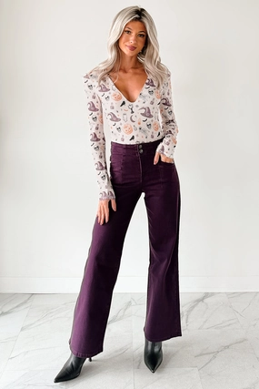 Self Fabric Tie Closure Snag Free Fabric Carlotta High Rise Wide Leg Mica Denim Jeans (Plum)