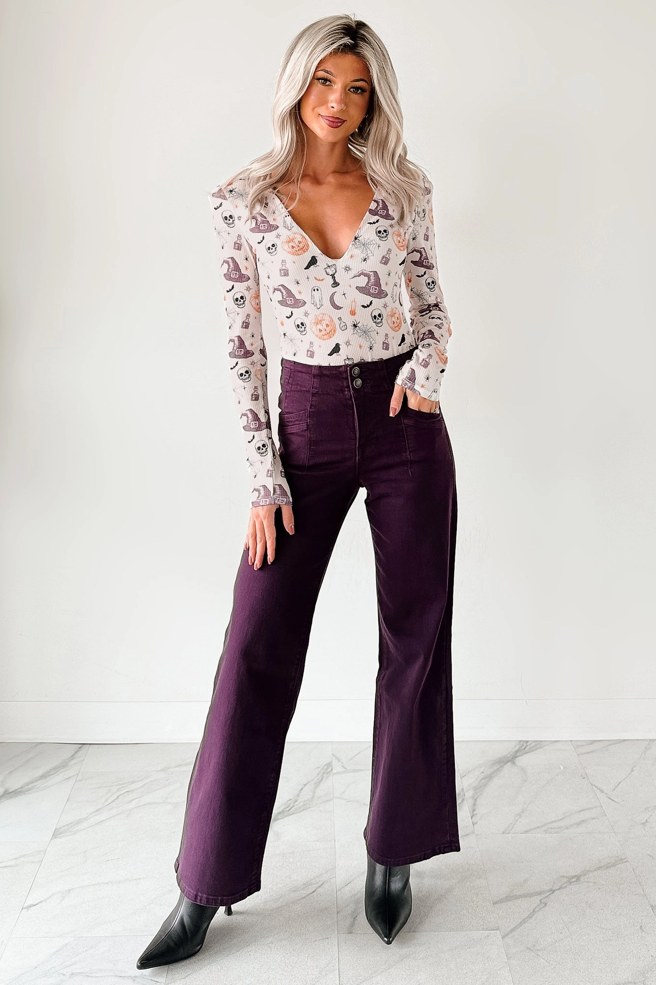Carlotta High Rise Wide Leg Mica Denim Jeans (Plum) Anti Pilling Fabric Casual Style