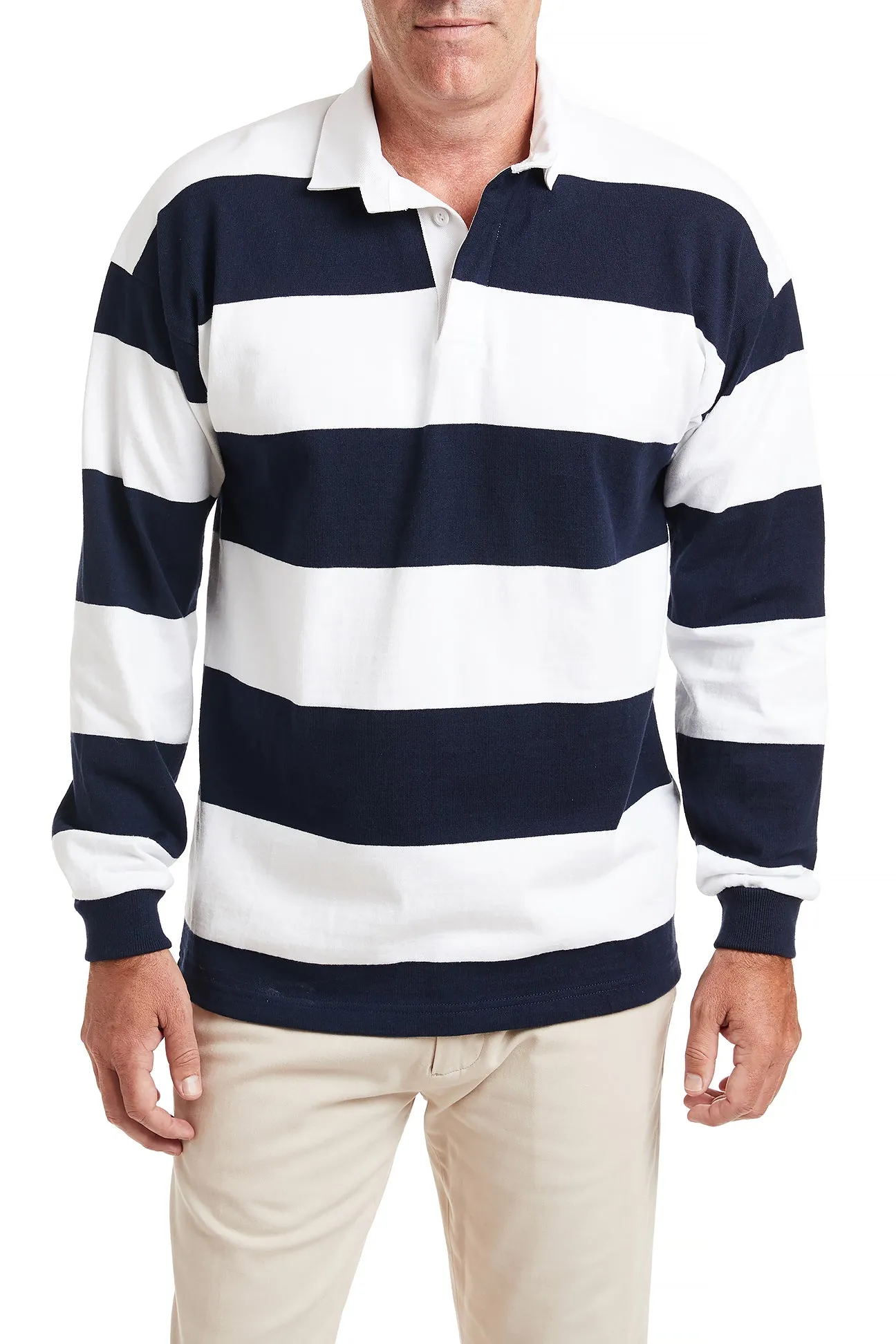 Layered Neckline Details RibbedCollar Castaway Rugby Shirt Navy & White Stripe