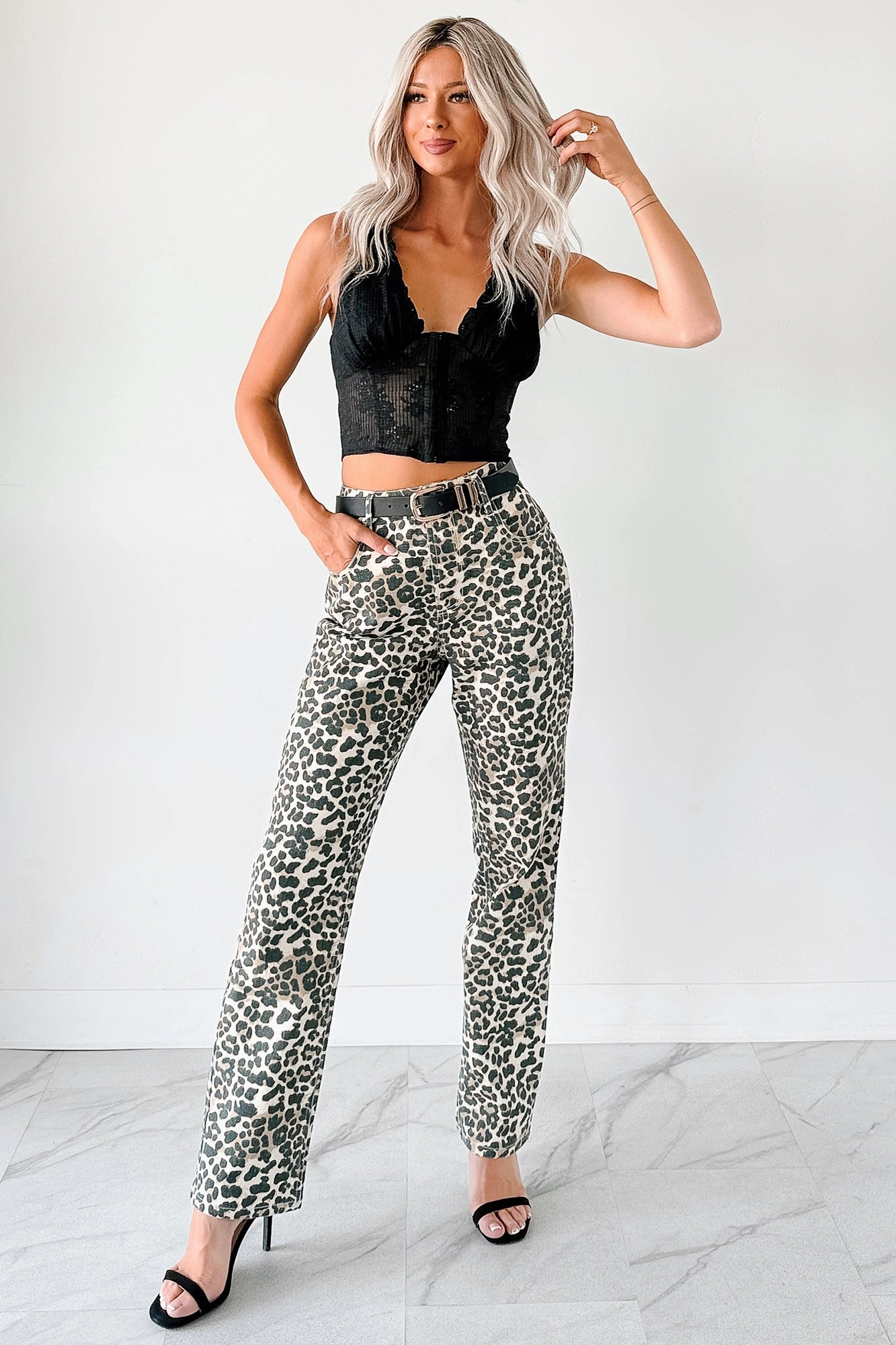 Calista High Rise Straight Leg Saige Denim Jeans (Leopard) AntiMicrobialLining