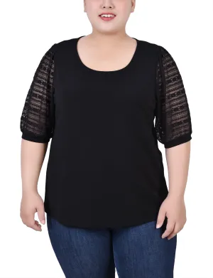 Plus Size Short Burnout Sleeve Scoop Neck Top WeightedHem TaglessComfort