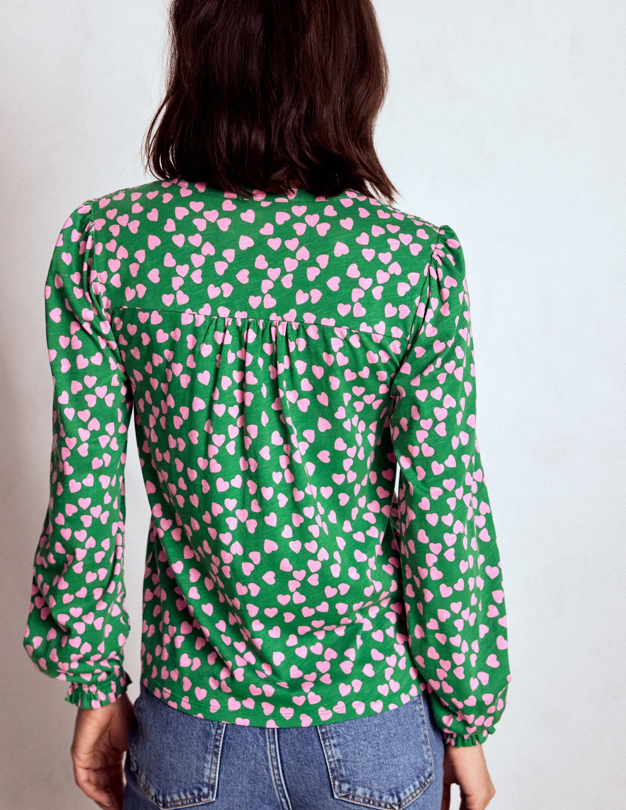 Elsa Smocked Yoke Jersey Shirt-Highland Green, Heart Cascade Relaxed Tank Torsion Support Structure