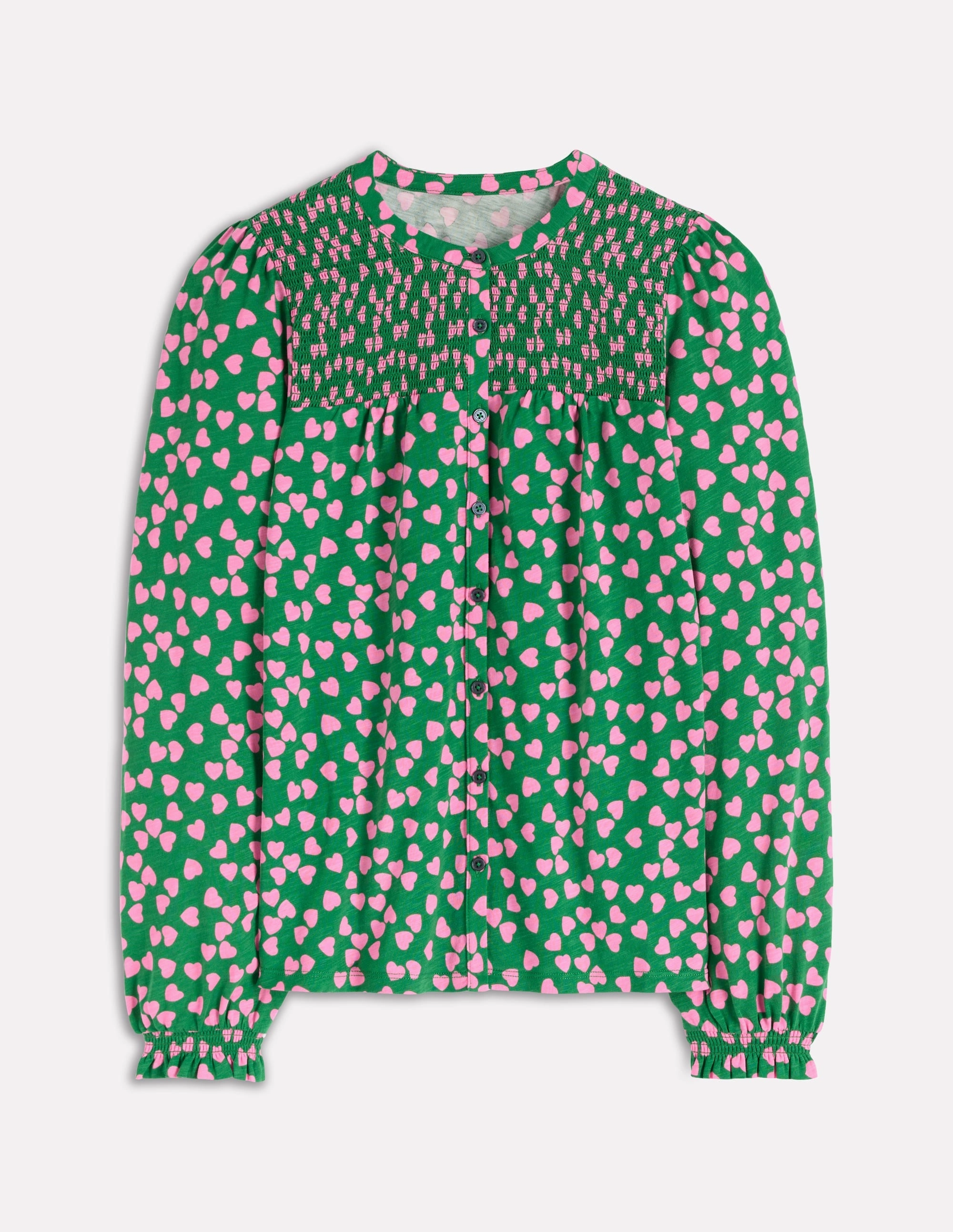 Vintage Shirt Elsa Smocked Yoke Jersey Shirt-Highland Green, Heart Cascade