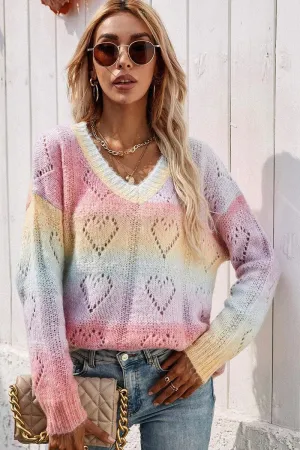 Layered Hemline PRINTING RAINBOW V NECK PULLOVER SWEATER