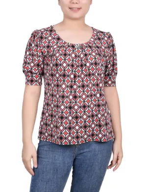 Tagless Neckline Reflective Accent Trim Petite Short Sleeve Balloon Sleeve Top