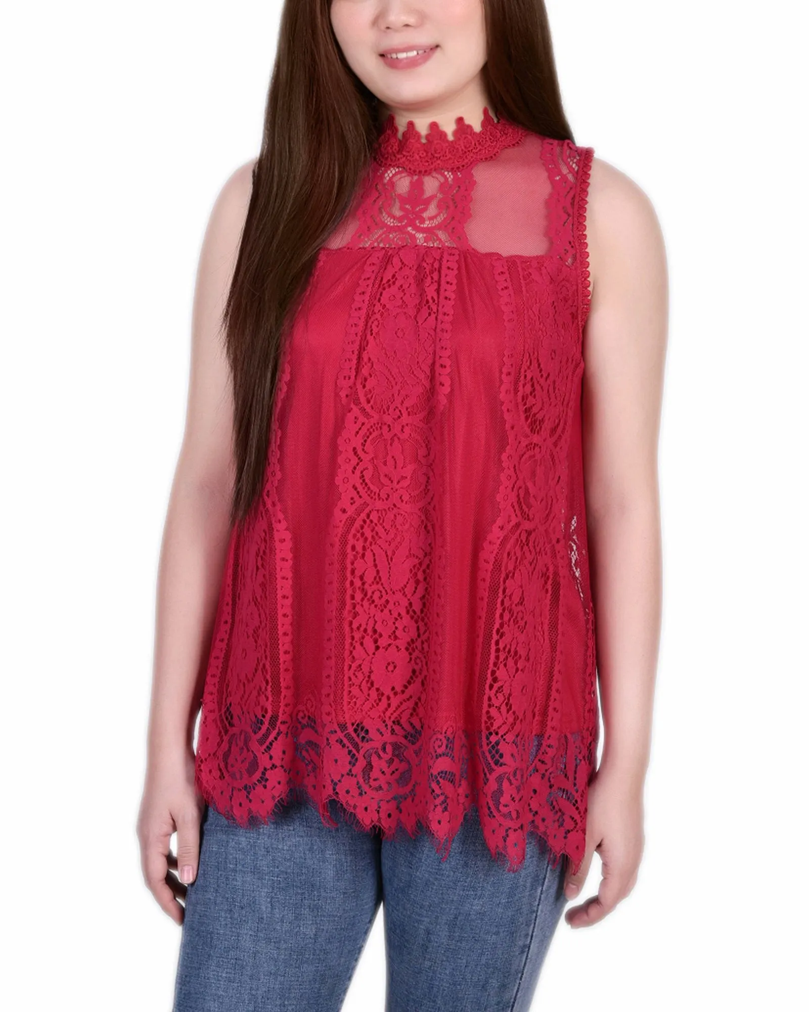 Cool Fabric Petite Sleeveless Mock Neck Lace Top