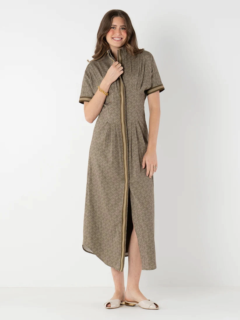 Emily Mccarthy Georgia Dress in Green Tonal Monogram Versatile Layering Tension Balanced Design