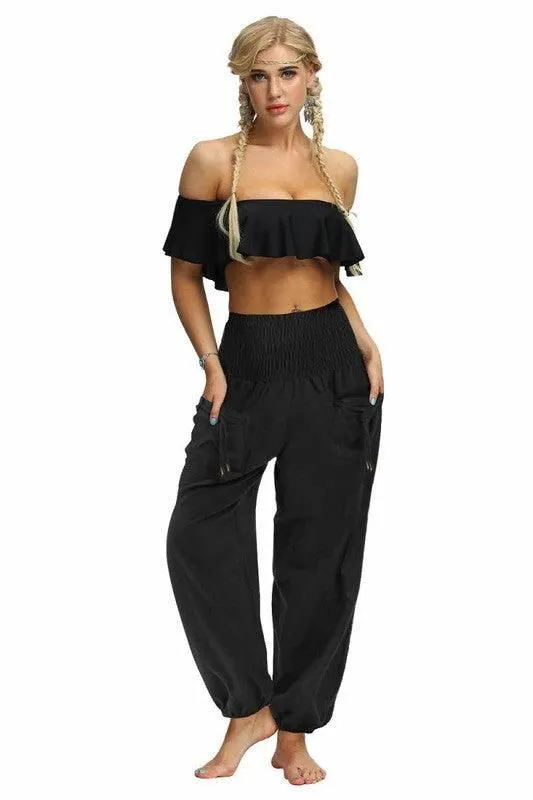 RecycledPolyester SOLID COLOR ELASTIC WAIST PANTS