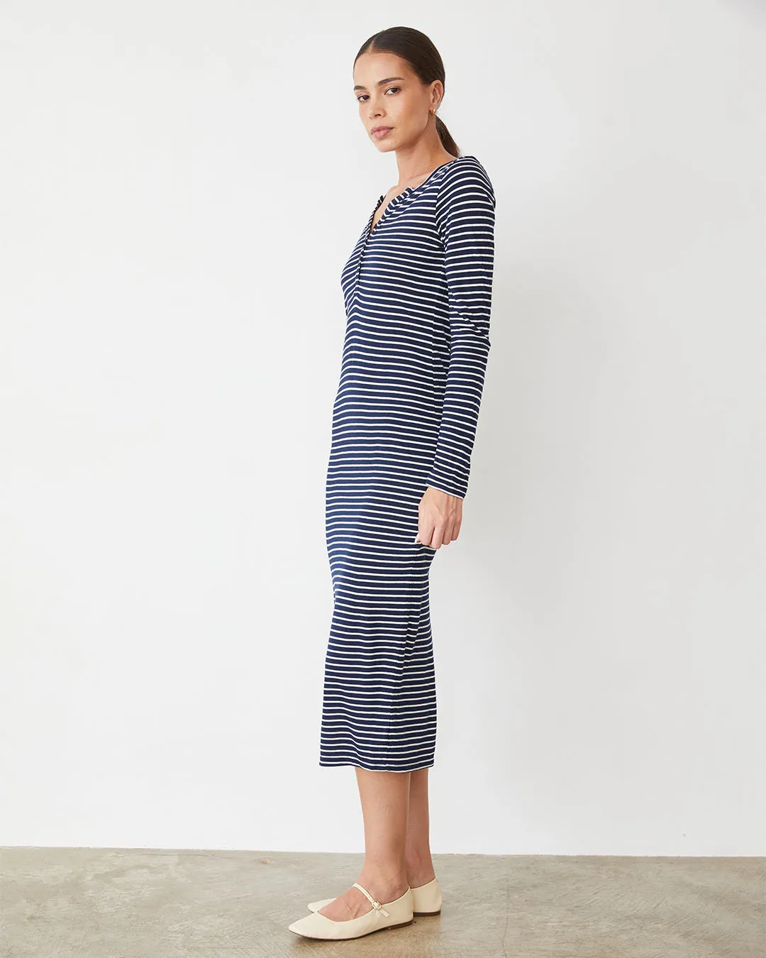 Stripe Henley Dress Raw Edge Detail LayeredCollar