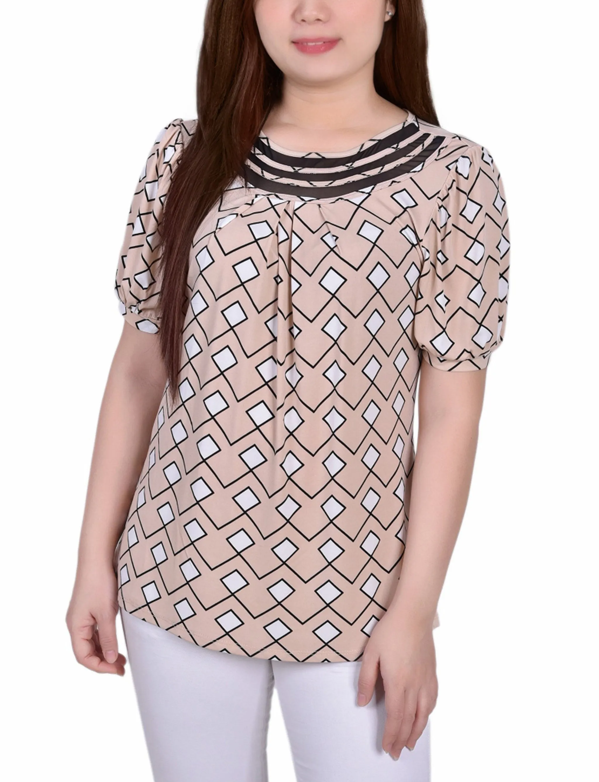 Petite Short Puff Sleeve Mesh Inset Top Classic Tank Torsion Support Structure