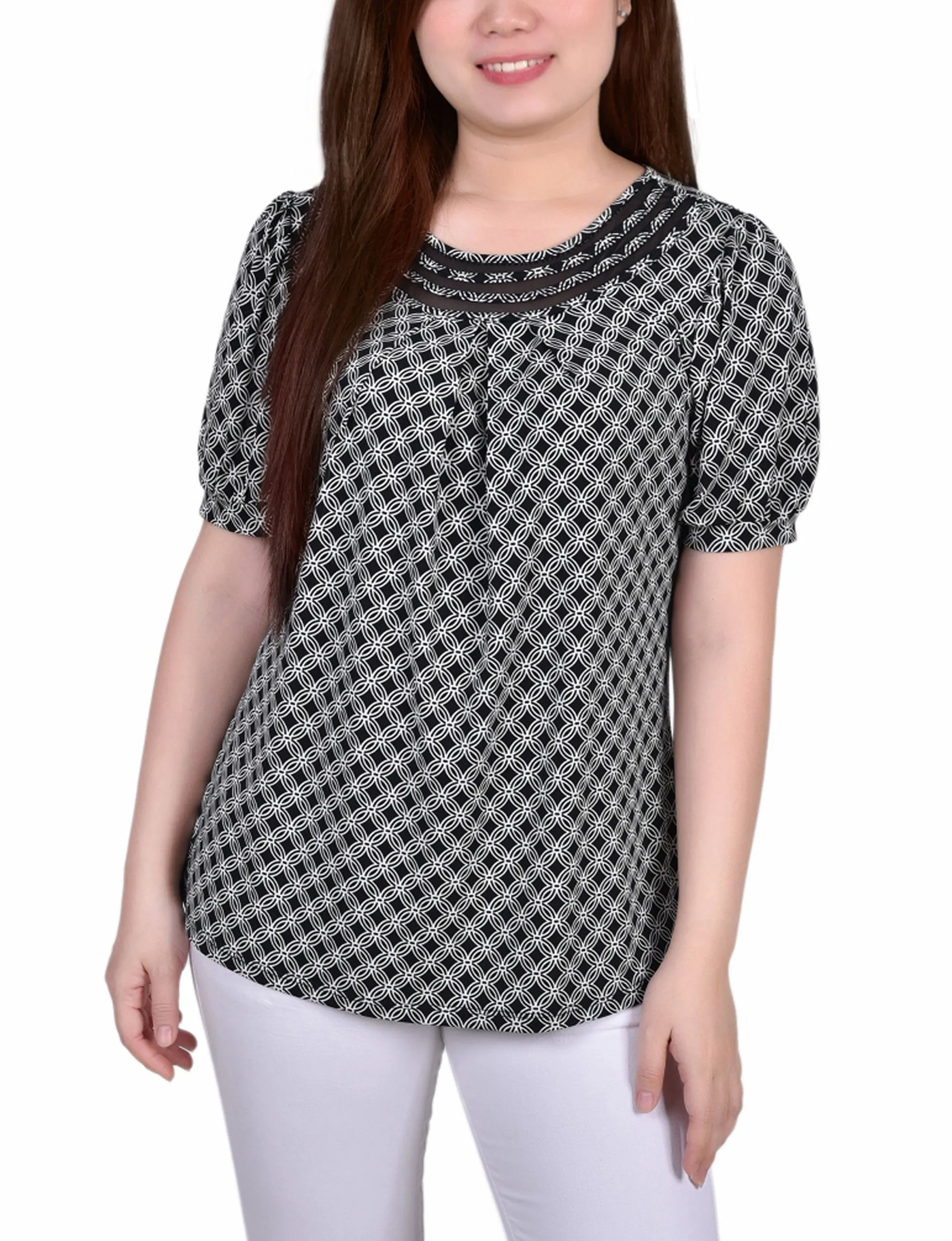 Petite Short Puff Sleeve Mesh Inset Top Casual Style