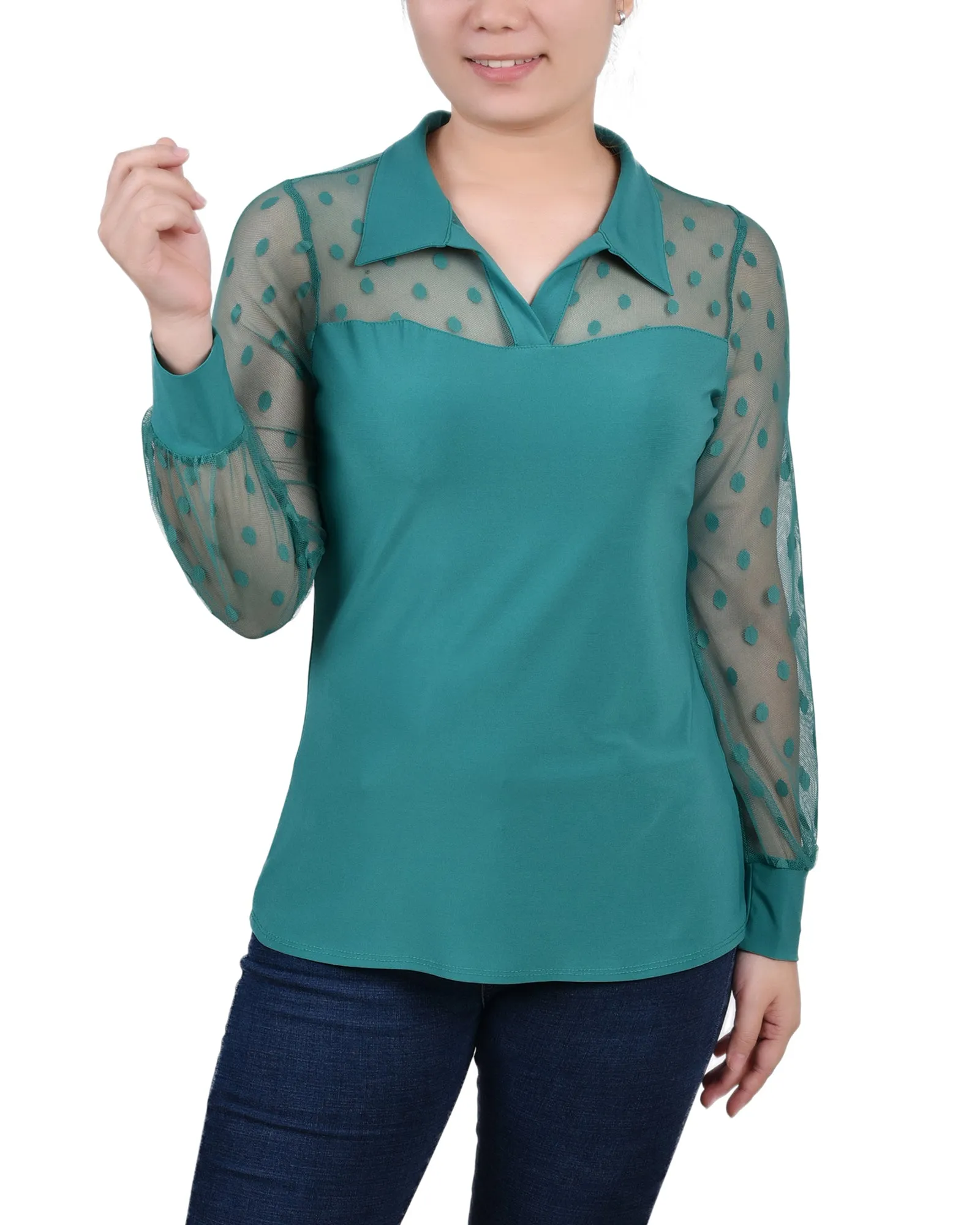 Long Sleeve Mesh Sleeve Top Reinforced Shoulders