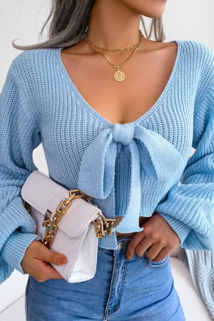WOMEN FRONT BOW TIED SEXY CROP KNIT SWEATSHIRTS NaturalFiberBlend Quick Dry Fabric