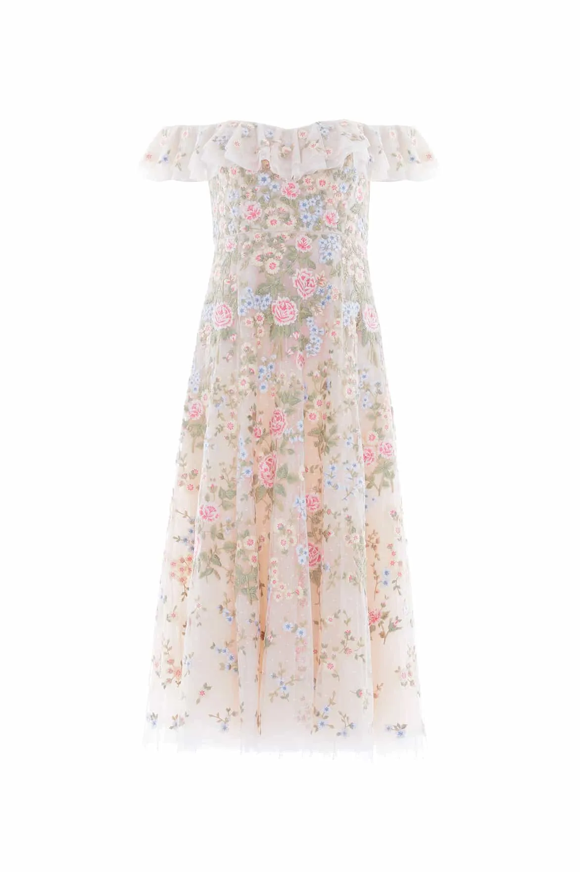 Smocked-Detail Antoinettes Floral Off-Shoulder Ballerina Dress