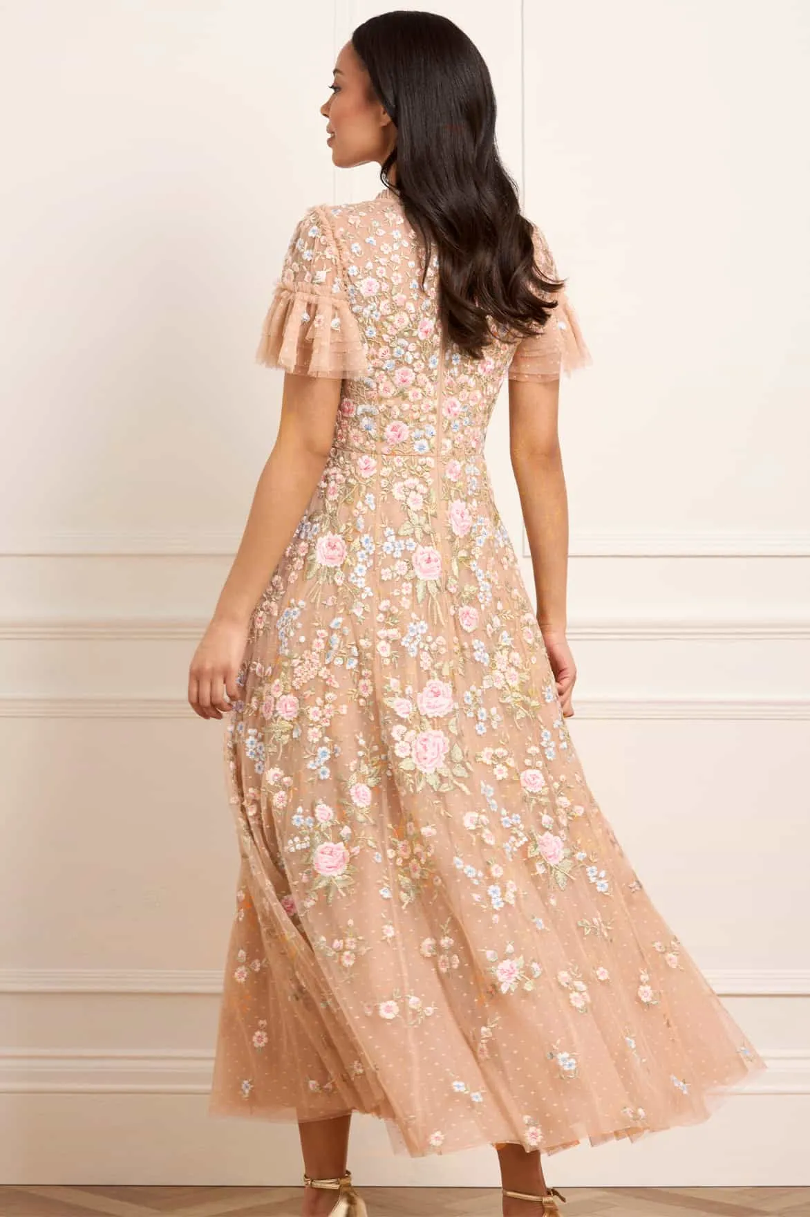 breathable fabric dress Antoinettes Floral Round Neck Ankle Gown