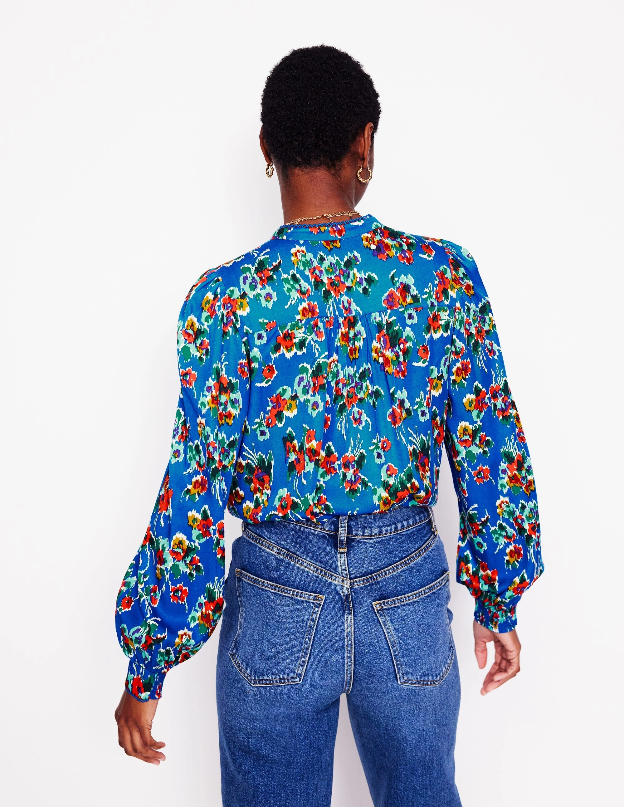 Flexible Knit Fabric Breathable back panel Ara Long Sleeve Top-Gallery Blue, Abstract Posy