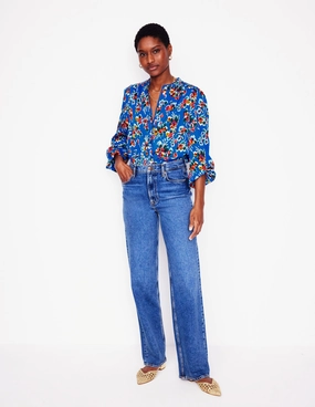 AntiSnag Fabric FlexibleCuff Ara Long Sleeve Top-Gallery Blue, Abstract Posy