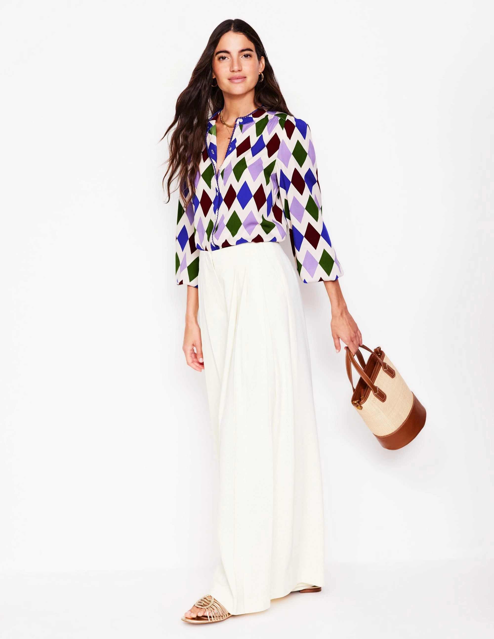 Ara Long Sleeve Top-Multi, Diamond Stripe Stretchable Waistband Eco Friendly Fabric