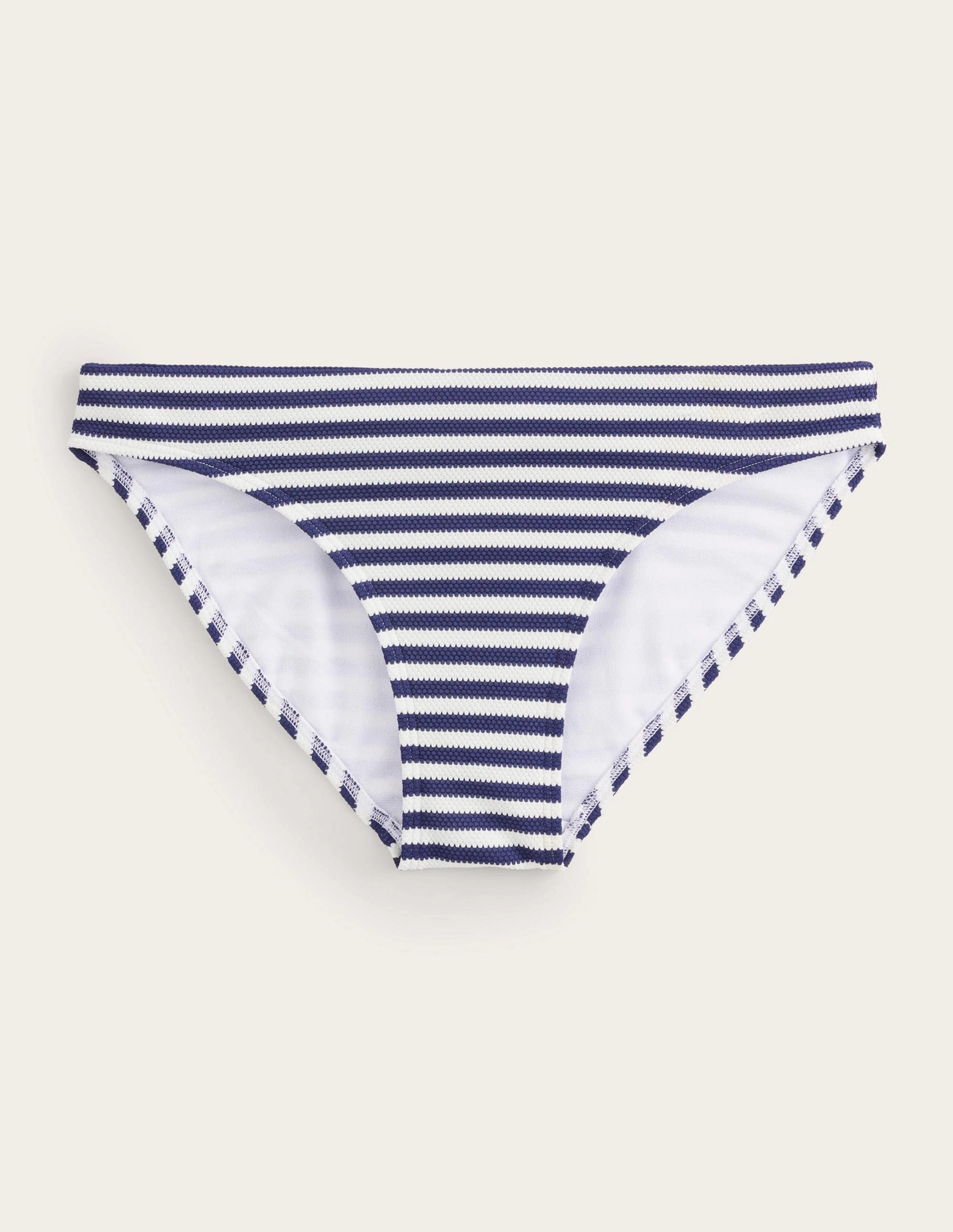 Arezzo Texture Bikini Bottoms-Navy, Ivory Texture Stripe Swim Adventure Sand Resistant Lining