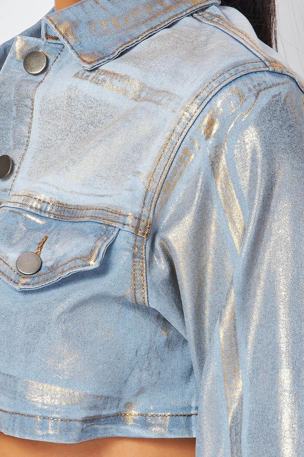 Arlene Metallic Gold Crop Denim Jean Jacket